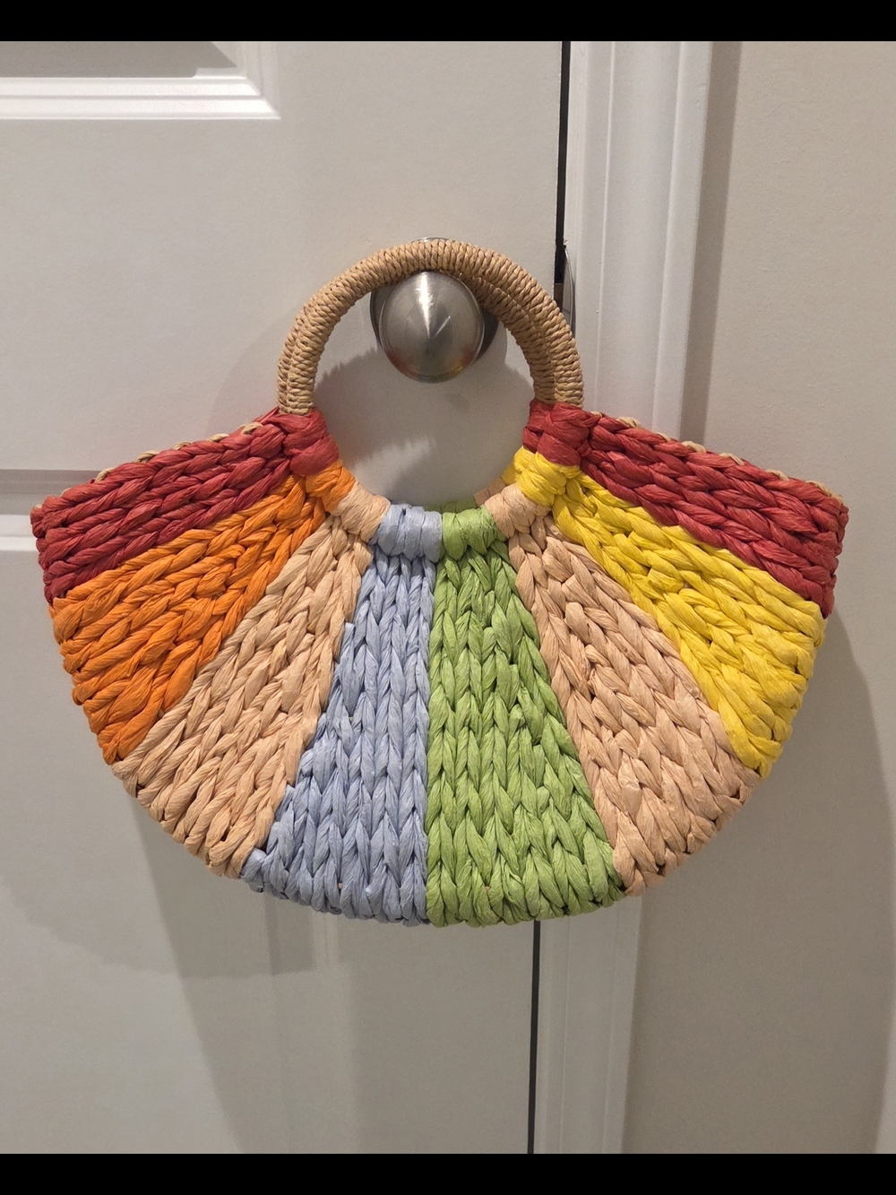 Woven Multicolor Straw Tote Bag - Colorblock Summer Shoulder Bag